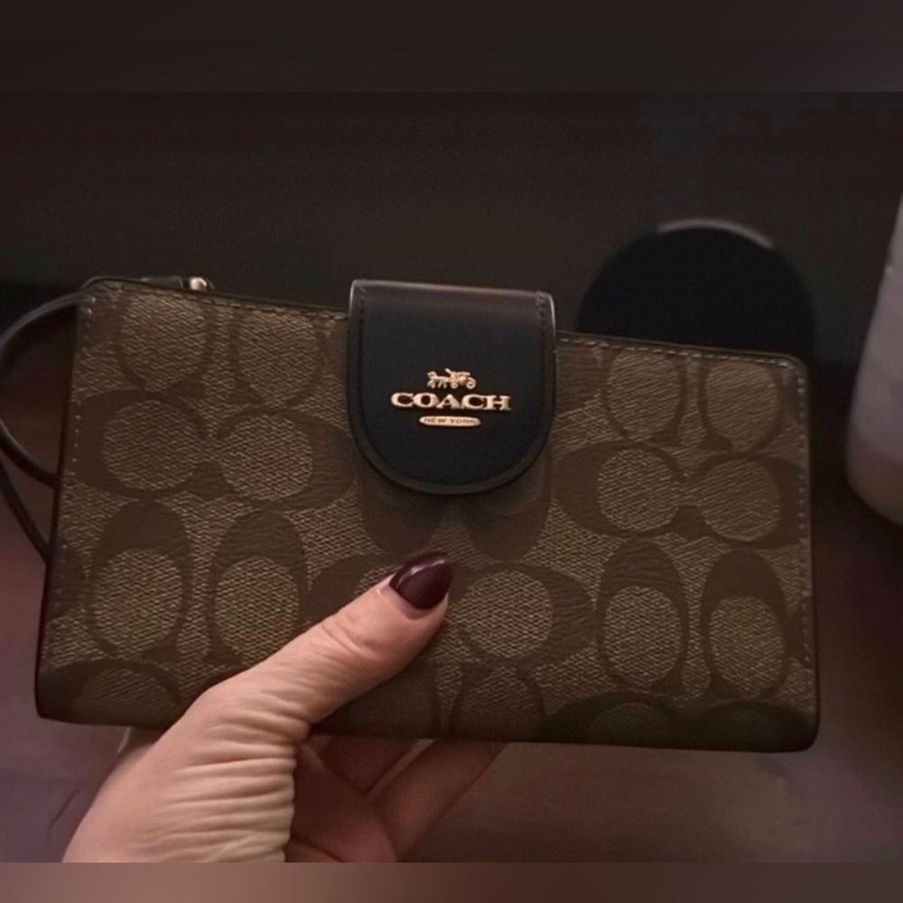 Coach Leather/canvas Wallet With Signature Logo Brown/Black Classic Style
